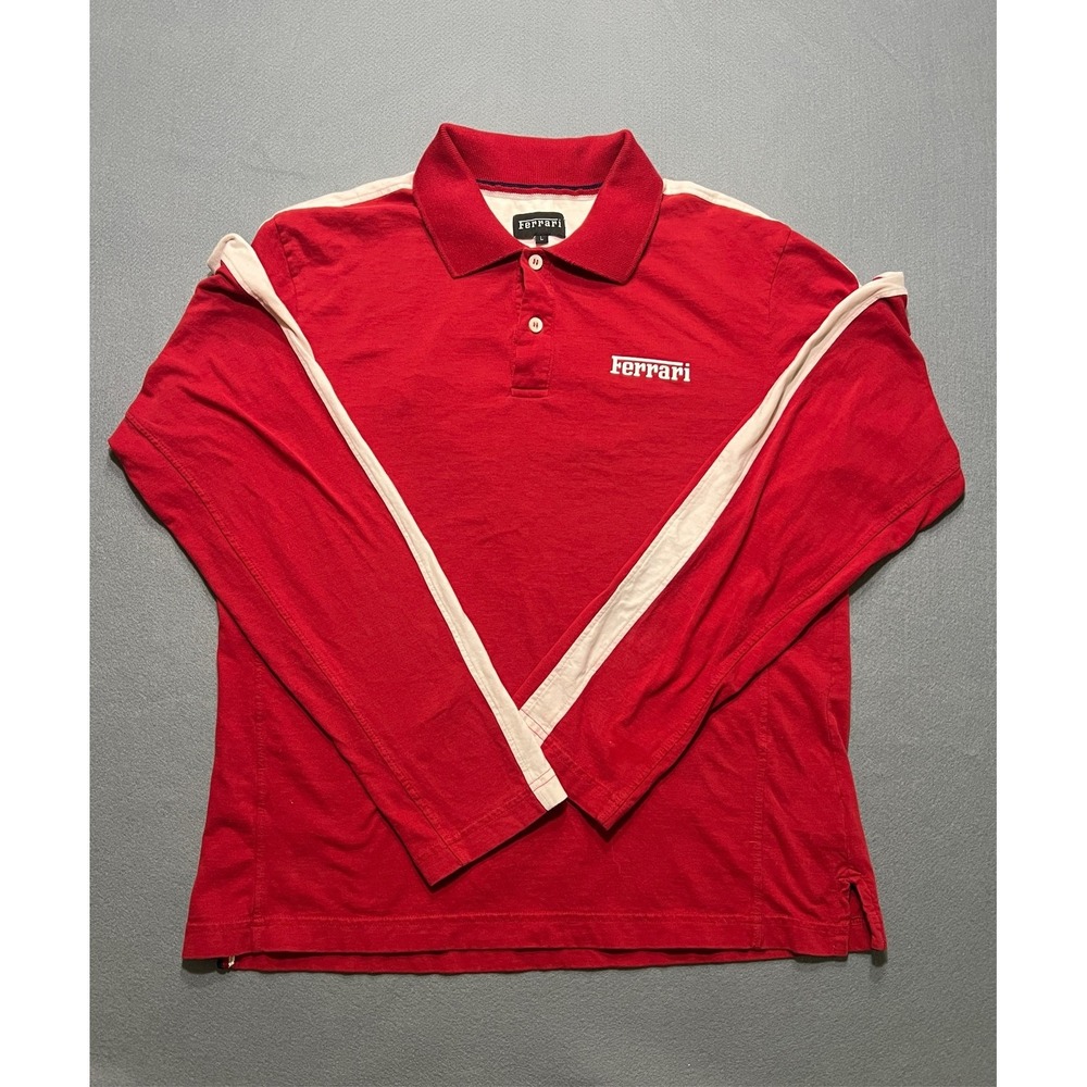 Ferrari Scuderia Men's Long Sleeve Polo Shirt Red White Striped Racing